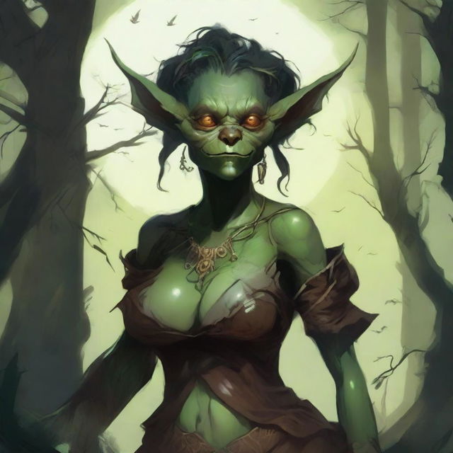 A fantasy art illustration of a goblin woman with luscious curves, wearing tattered animal hides