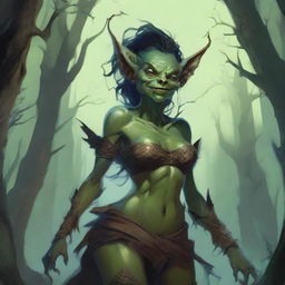 A fantasy art illustration of a goblin woman with luscious curves, wearing tattered animal hides