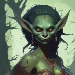 A fantasy art illustration of a goblin woman with luscious curves, wearing tattered animal hides