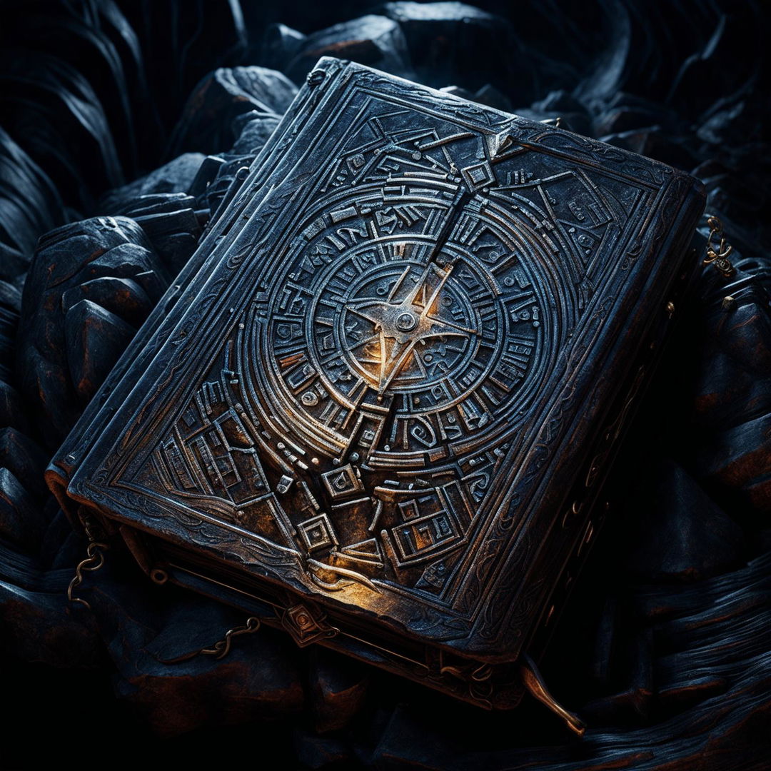 An ancient, magical book with glowing runes and multiple metal clasps and seals in a Dungeons and Dragons art style.