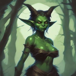 A fantasy art illustration of a goblin woman with luscious curves, wearing tattered animal hides