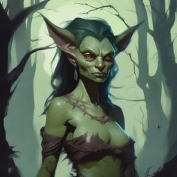 A fantasy art illustration of a goblin woman with luscious curves, wearing tattered animal hides