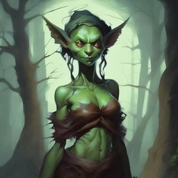 A fantasy art illustration of a goblin woman with luscious curves, wearing tattered animal hides