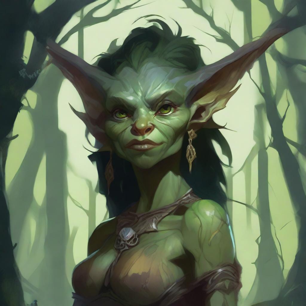 A fantasy art illustration of a goblin woman with luscious curves, wearing tattered animal hides