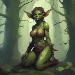 A fantasy art illustration of a goblin woman with luscious curves, wearing tattered animal hides