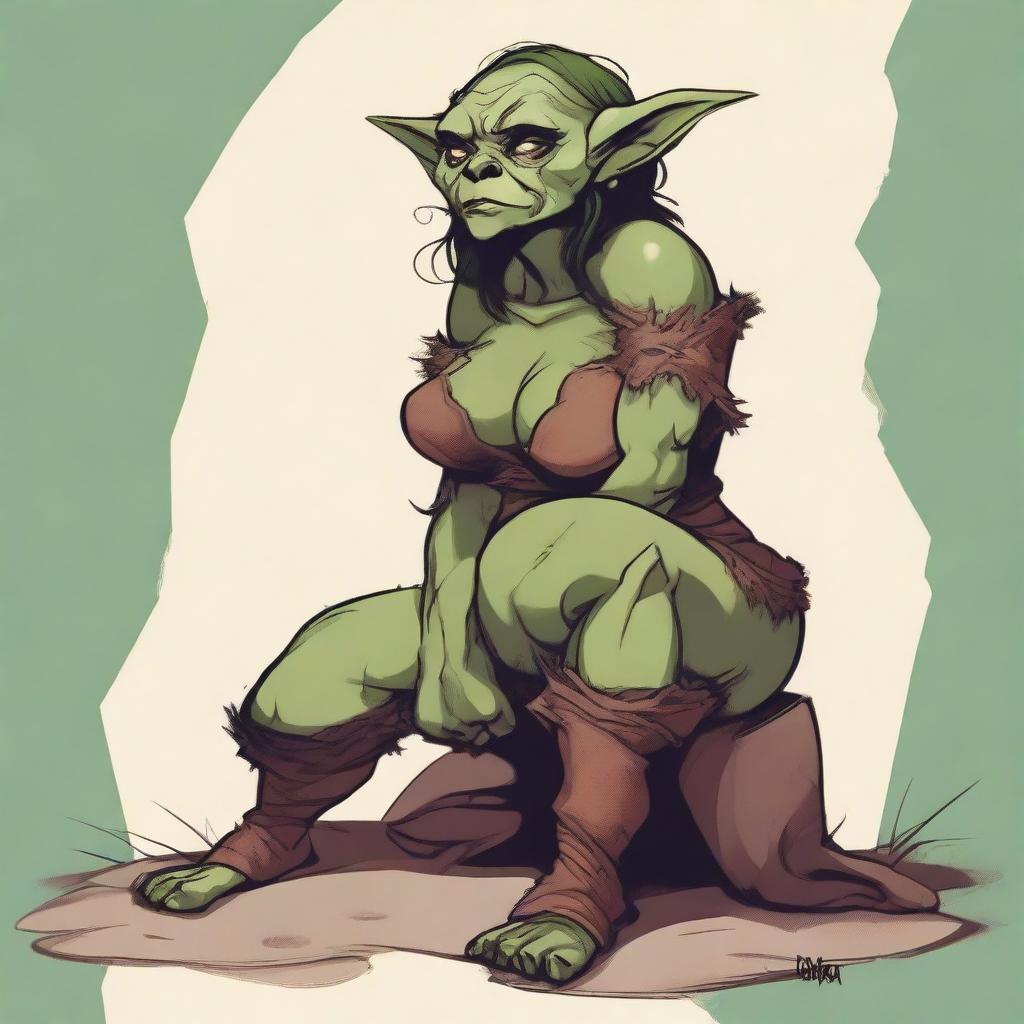 A fantasy art illustration of a goblin woman with luscious curves, wearing tattered animal hides