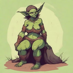 A fantasy art illustration of a goblin woman with luscious curves, wearing tattered animal hides