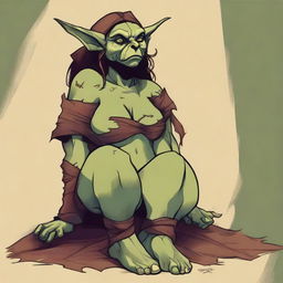 A fantasy art illustration of a goblin woman with luscious curves, wearing tattered animal hides