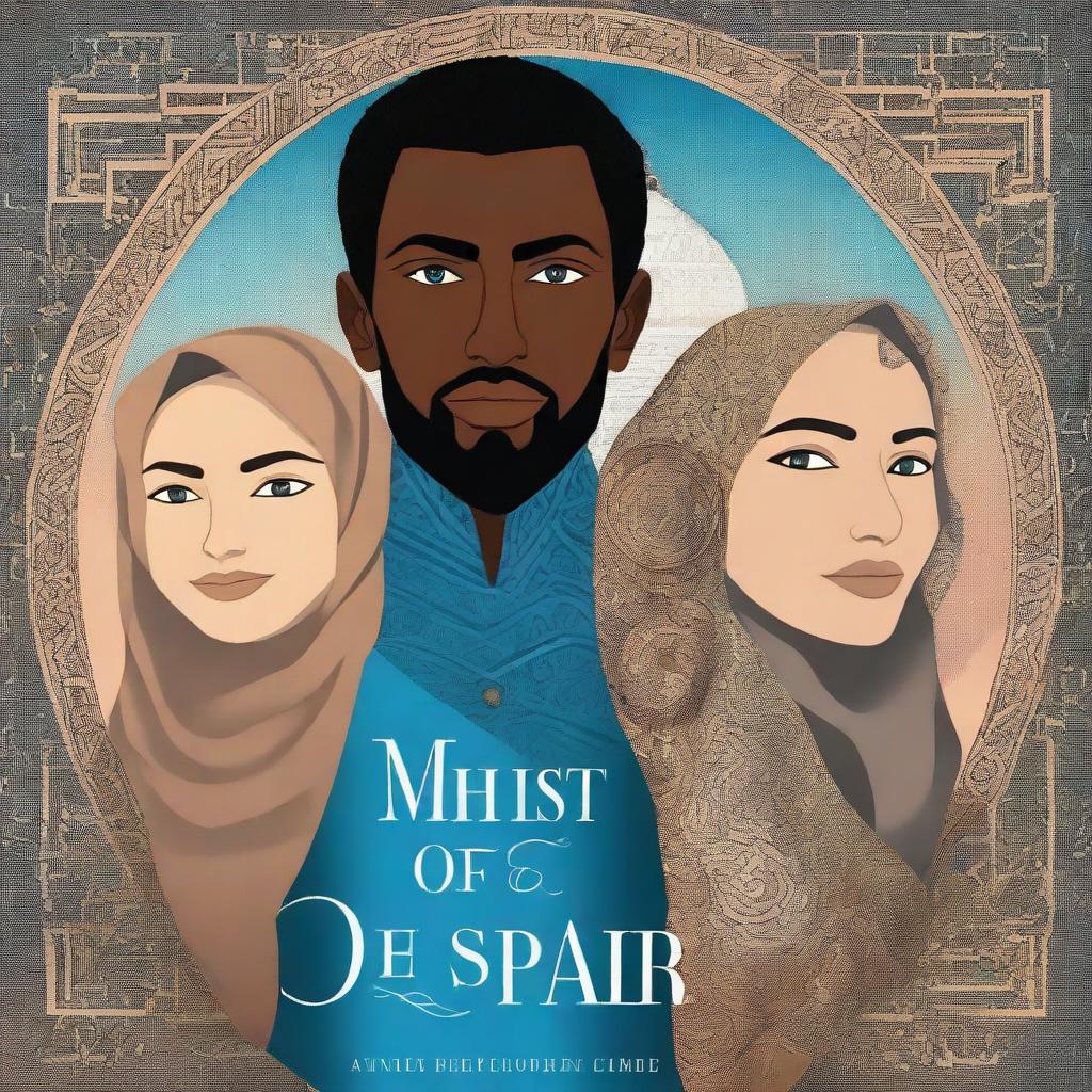 A book cover titled 'In The Midst Of Despair' featuring a princess with ocean blue eyes wearing a hijab and a tribal leader with darker skin and hazel eyes