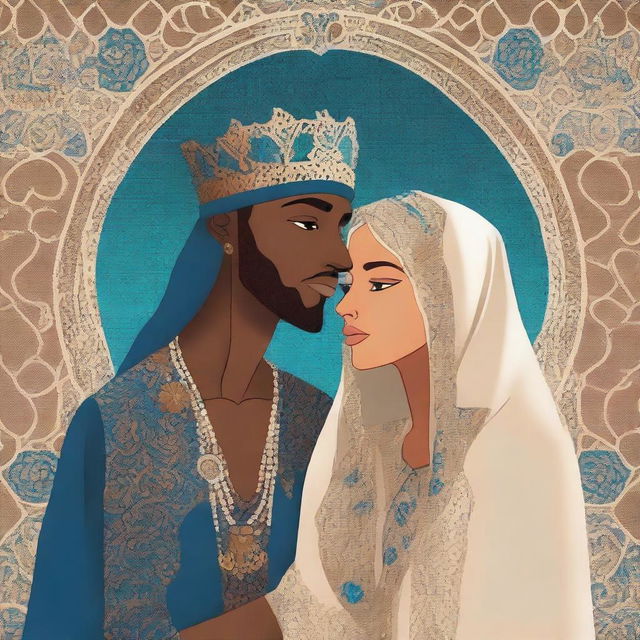 A book cover titled 'In The Midst Of Despair' featuring a princess with ocean blue eyes wearing a hijab and a tribal leader with darker skin and hazel eyes