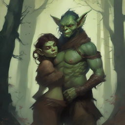 A fantasy art illustration of a goblin woman with luscious curves, wearing tattered animal hides