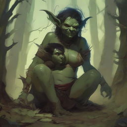 A fantasy art illustration of a goblin woman with luscious curves, wearing tattered animal hides