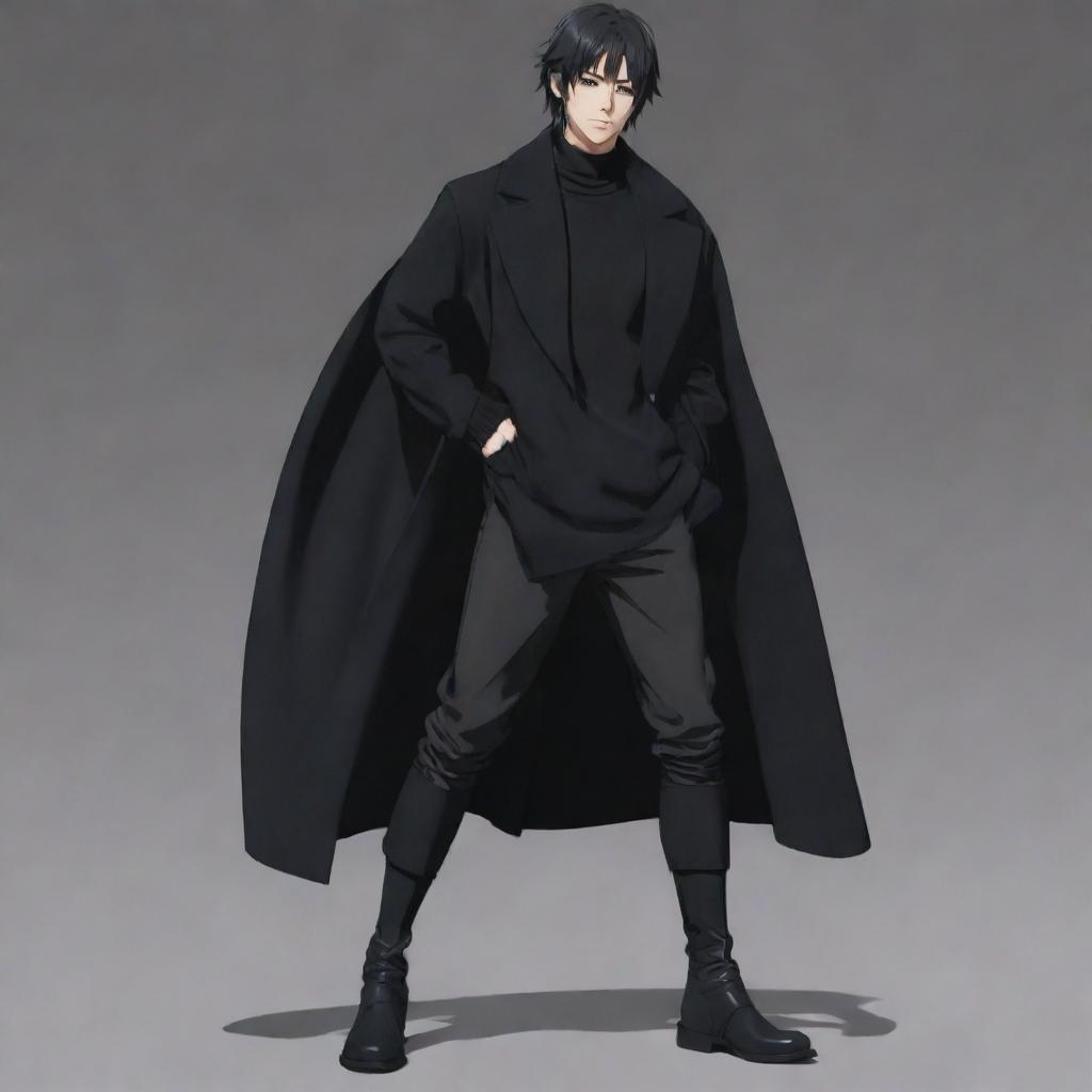 Full body image of a stylish anime boy with a short mullet hairstyle, wearing a black long coat, black sweater, and long boots. This is a Japanese-style animation character.