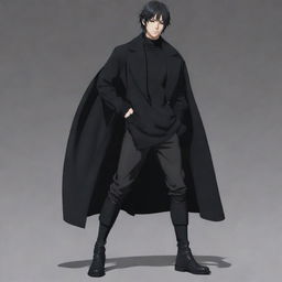 Full body image of a stylish anime boy with a short mullet hairstyle, wearing a black long coat, black sweater, and long boots. This is a Japanese-style animation character.