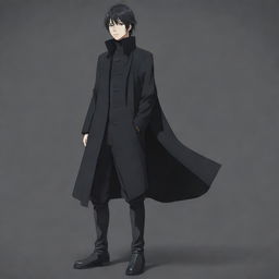 Full body image of a stylish anime boy with a short mullet hairstyle, wearing a black long coat, black sweater, and long boots. This is a Japanese-style animation character.