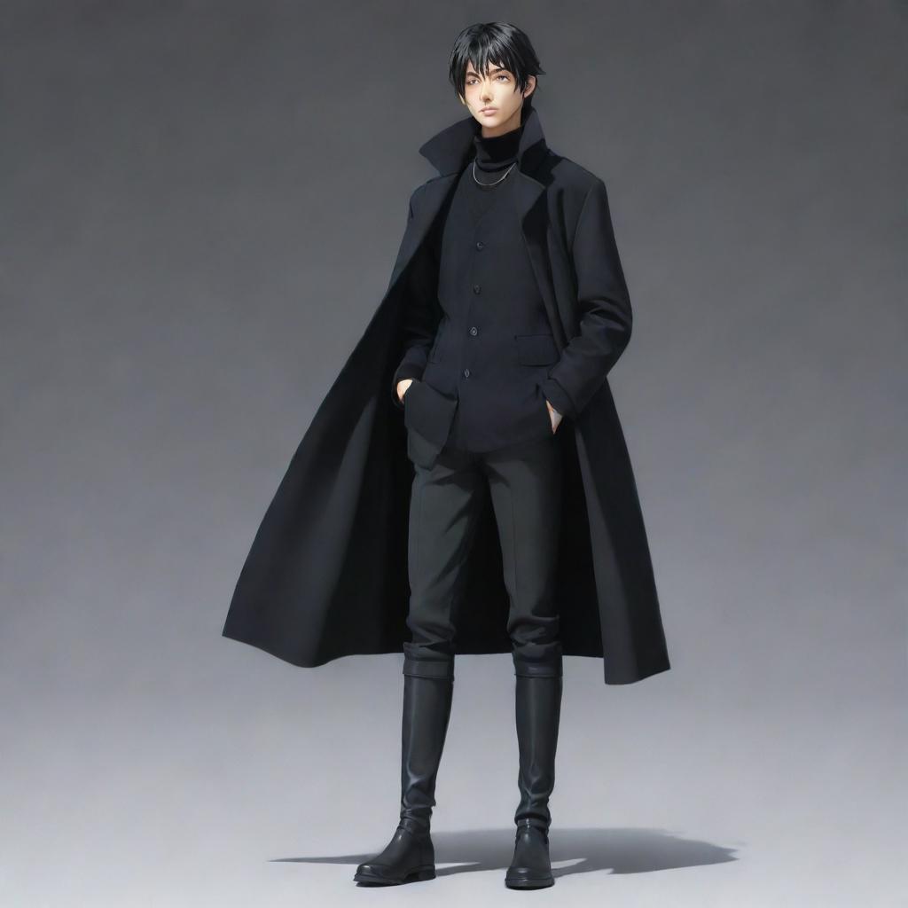 Full body image of a stylish anime boy with a short mullet hairstyle, wearing a black long coat, black sweater, and long boots. This is a Japanese-style animation character.