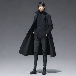 Full body image of a stylish anime boy with a short mullet hairstyle, wearing a black long coat, black sweater, and long boots. This is a Japanese-style animation character.