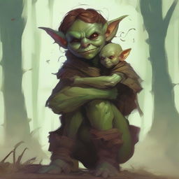 A fantasy art illustration of a small goblin woman with luscious curves, wearing tattered animal hides