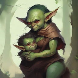 A fantasy art illustration of a small goblin woman with luscious curves, wearing tattered animal hides