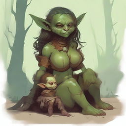 A fantasy art illustration of a small goblin woman with luscious curves, wearing tattered animal hides