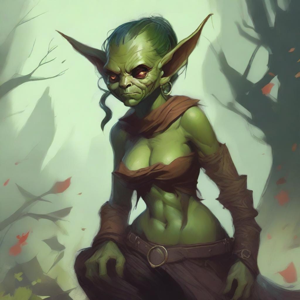 A fantasy art illustration of a small goblin woman with luscious curves, wearing tattered animal hides