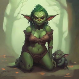 A fantasy art illustration of a small goblin woman with luscious curves, wearing tattered animal hides