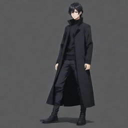 Full body image of a stylish anime boy with a short mullet hairstyle, wearing a black long coat, black sweater, and long boots. This is a Japanese-style animation character.