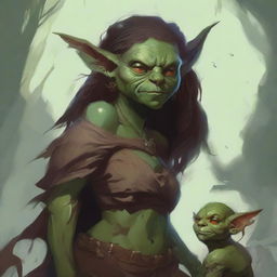 A fantasy art illustration of a small goblin woman with luscious curves, wearing tattered animal hides