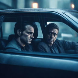 Create a psychological movie poster featuring two male characters sitting in a car