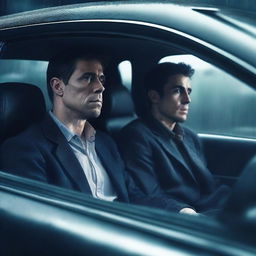 Create a psychological movie poster featuring two male characters sitting in a car