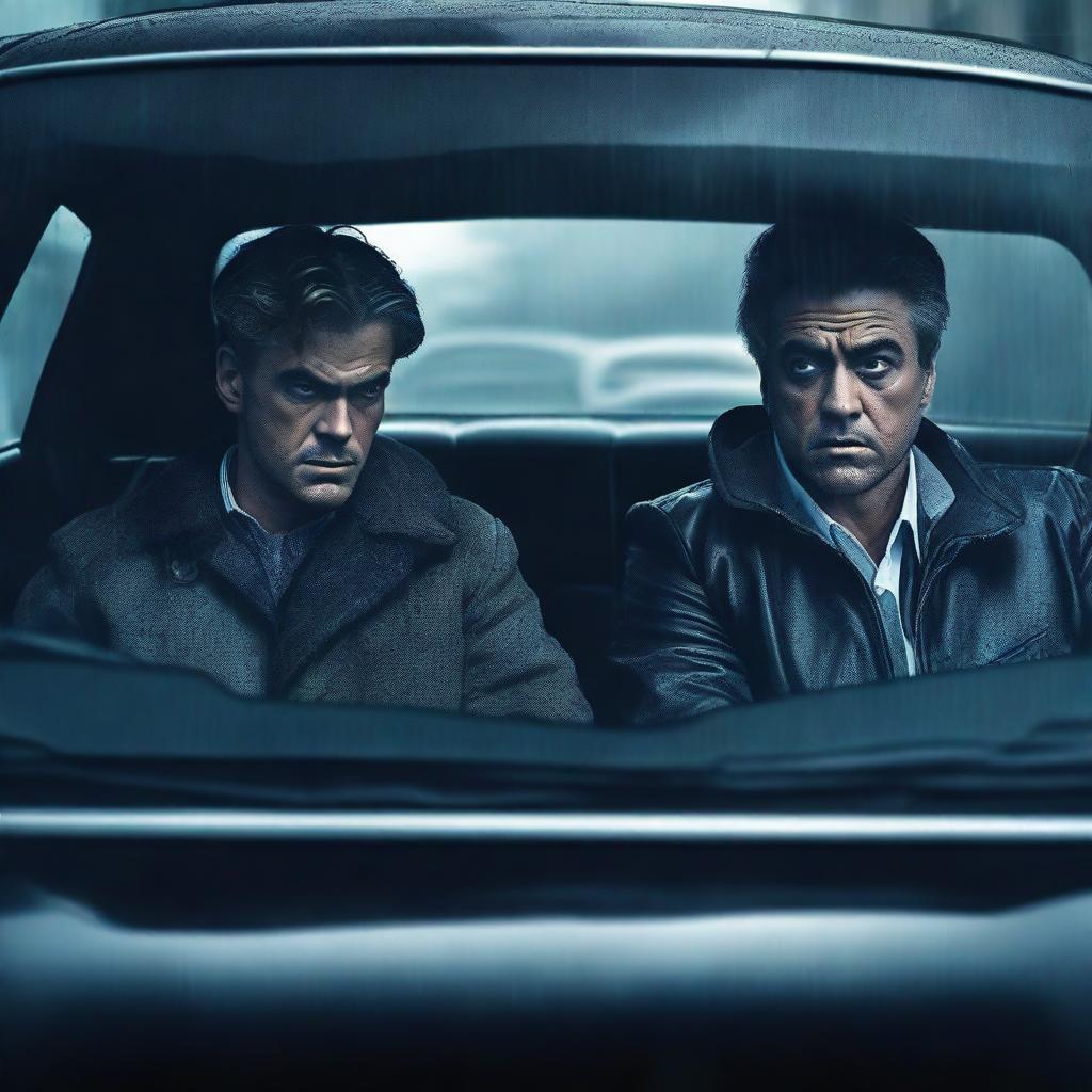 Create a psychological movie poster featuring two male characters sitting in a car