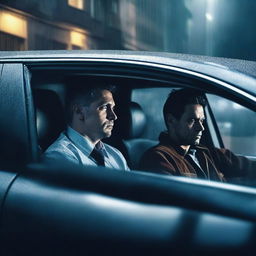 Create a psychological movie poster featuring two male characters sitting in a car