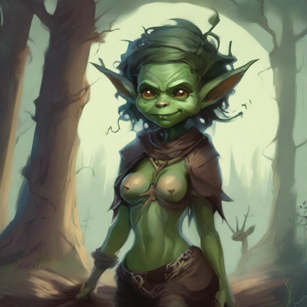 A fantasy art illustration of a small goblin woman with luscious curves, wearing tattered animal hides