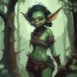 A fantasy art illustration of a small goblin woman with luscious curves, wearing tattered animal hides