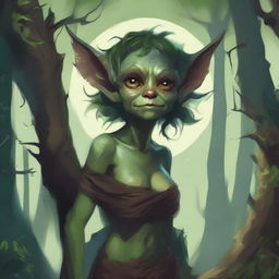 A fantasy art illustration of a small goblin woman with luscious curves, wearing tattered animal hides