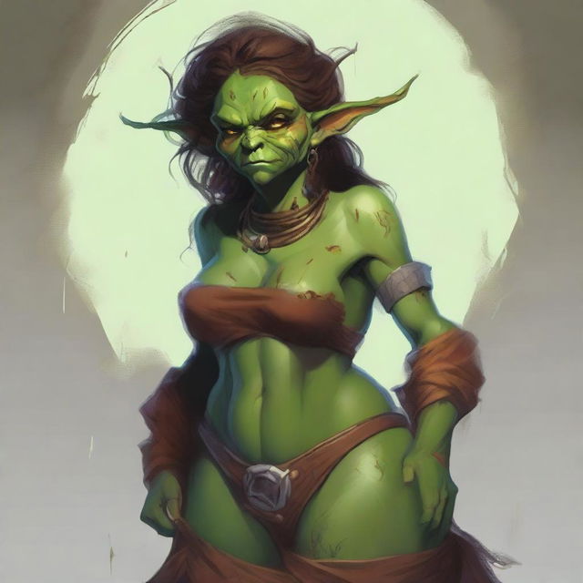 A fantasy art illustration of a stocky goblin woman with luscious curves, wearing tattered animal hides