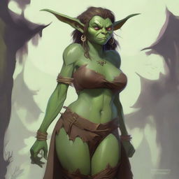 A fantasy art illustration of a stocky goblin woman with luscious curves, wearing tattered animal hides