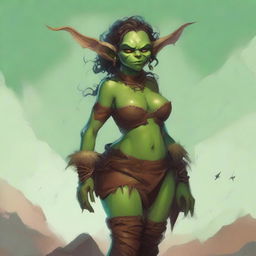 A fantasy art illustration of a stocky goblin woman with luscious curves, wearing tattered animal hides