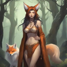 A fantasy art illustration of a tall kitsune woman with luscious curves, wearing tattered animal hides