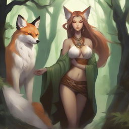 A fantasy art illustration of a tall kitsune woman with luscious curves, wearing tattered animal hides