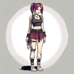 A side view illustration of Faith Marone, a sexy emo girl with piercings, wearing belts and straps