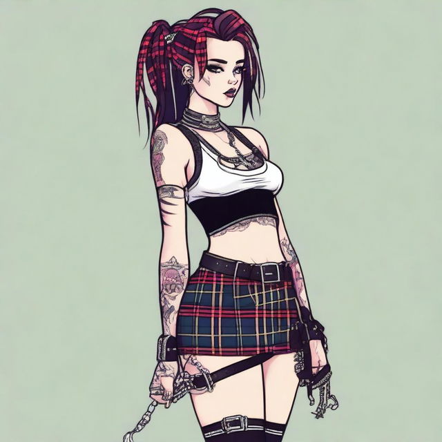 A side view illustration of Faith Marone, a sexy emo girl with piercings, wearing belts and straps