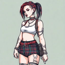 A side view illustration of Faith Marone, a sexy emo girl with piercings, wearing belts and straps