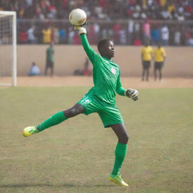 A 9-year-old Ghanaian football goalkeeper mid-action, expertly making a save. He is dressed in colorful goalkeeper gear, on a sunlit soccer field surrounded by cheering spectators.