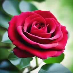 A detailed and vibrant image of a single rose in full bloom, with rich red petals and lush green leaves