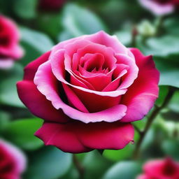 A detailed and vibrant image of a single rose in full bloom, with rich red petals and lush green leaves