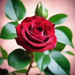 A detailed and vibrant image of a single rose in full bloom, with rich red petals and lush green leaves