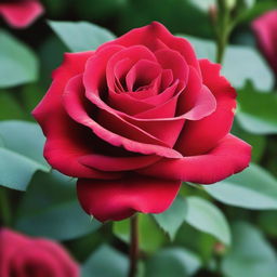 A detailed and vibrant image of a single rose in full bloom, with rich red petals and lush green leaves