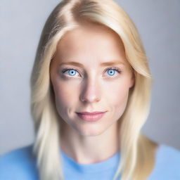 A headshot of a person with blonde hair and blue eyes