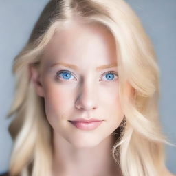 A headshot of a person with blonde hair and blue eyes